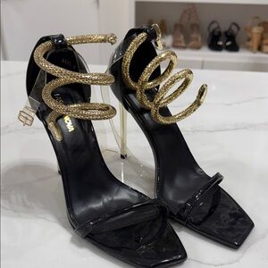 Fashion Nova Black Patent Heels with Gold Coil Ankle Wrap